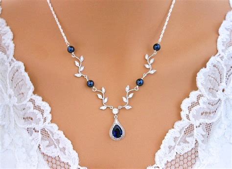 Navy BLUE Wedding Necklace VINE Necklace Sapphire Blue Y Bridal Jewelry