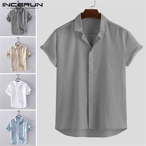 Incerun 2020 Button Streetwear Tops Men Shirt Cotton Solid Color Short