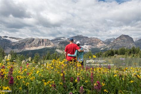 Hiking Couple Embrace In Alpine Meadow Mountains Distant High Res Stock
