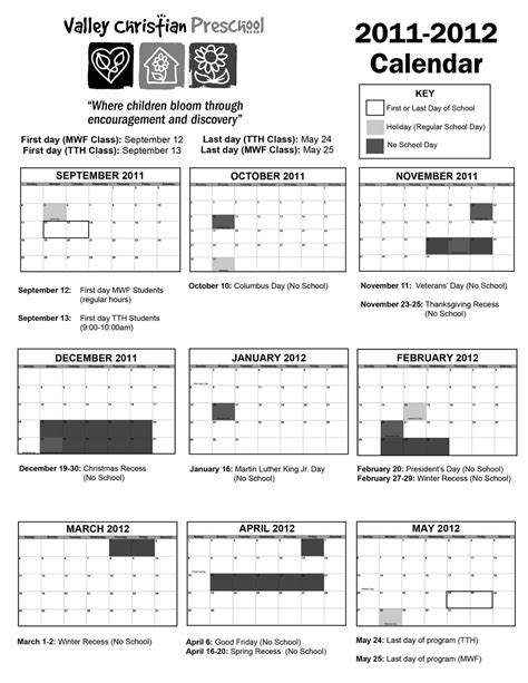Valley Christian Preschool 2011 2012 School Calendar
