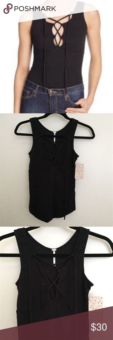 Free People Emmy Lou Black Lace Up Ribbed Tank Top Tank Tops Lace Up Tank Top Tank Top Fashion