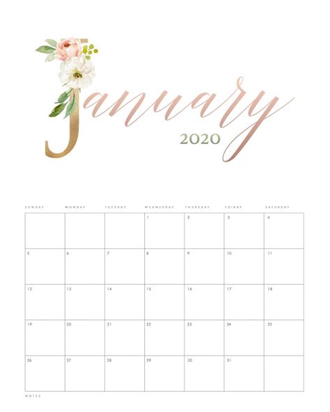 The January 2020 Calendar With Watercolor Flowers