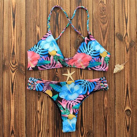 2018 Sexy Women Bikini Set Tropical Print Bikinis Top Low Waist Bottom For Summer Swimwear