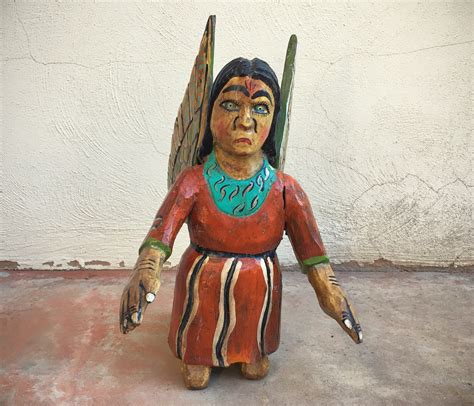 Vintage Mexican Catholic Art Carved Wood Kneeling Angel Religous Statue