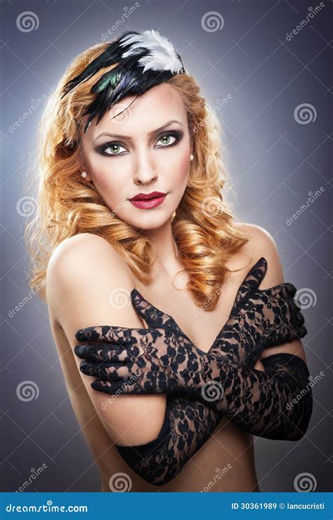 Closeup Portrait Of A Topless Blonde Woman Wearing Black Lace Gloves Stock Image Image Of