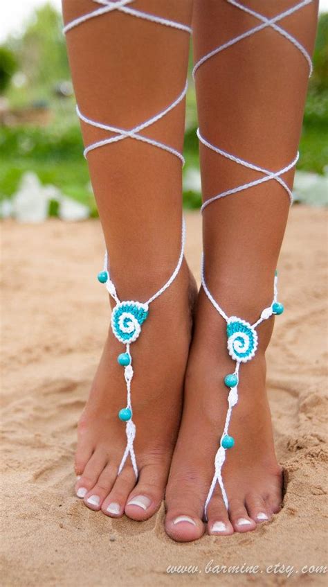 Seashell White And Aqua Crochet Barefoot Sandals Nude Shoes Bridal
