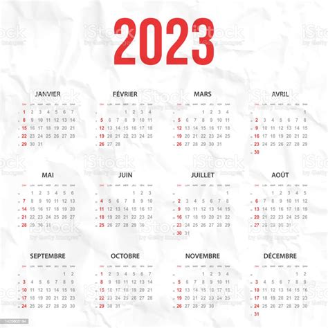 French Calendar 2023 On White Crumpled Background Stock Illustration