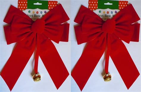 Set Of 2 Large Red Velvet Christmas Bows With Dangling Metal Bell
