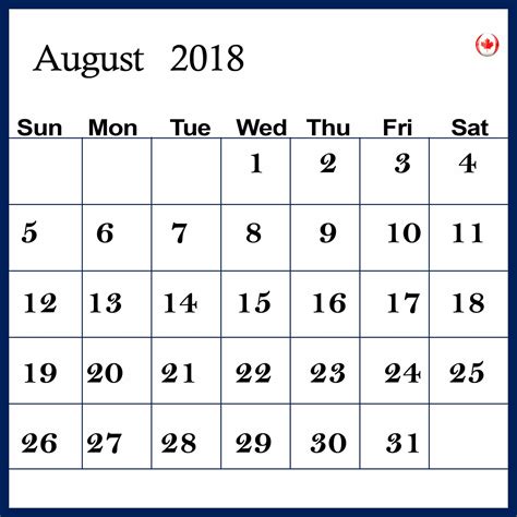 August 2018 Calendar With Usa Holidays Oppidan Library