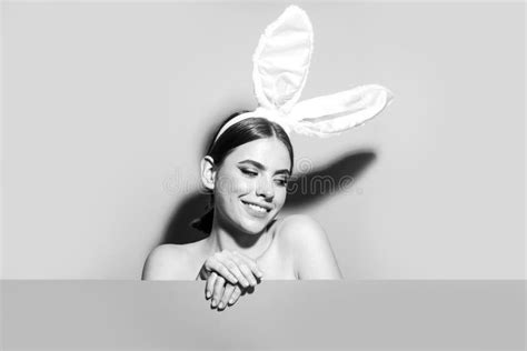 Easter Woman With Rabbit Ears Beautiful Young Girl With Bunny Ears And