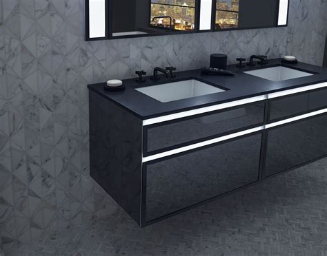 Measuring 11.5'' h x 31.5'' w, it features four clear. Matte black accents and built-in night lighting on the all-new Profiles Collection vanity. (With ...