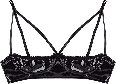 Feeshow Womens Wetlook Faux Leather Wire Free Bare Exposed Breast Shelf Bra Tops Bralette