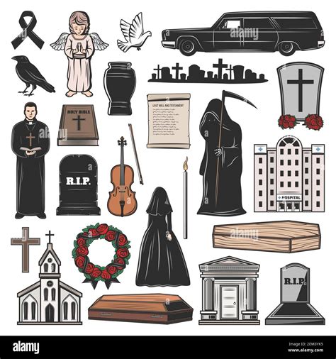 Funeral Vector Icons Of Coffin Death And Candle Grave Tombstone And