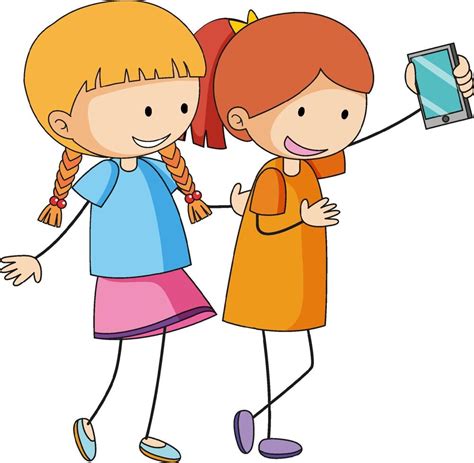 Two Girls Cartoon Character Taking A Selfie In Hand Drawn Doodle Style