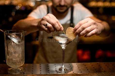 Bartender Pins Dry Leaf To A Cocktail Stock Image Image Of Flowing