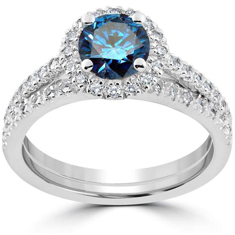 1 12 Ct Blue Diamond Halo Engagement Wedding Ring Set 14k White Gold