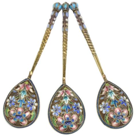 Set Of Imperial Russian Cloisonné Enamel And Gilt Silver Spoons Nn