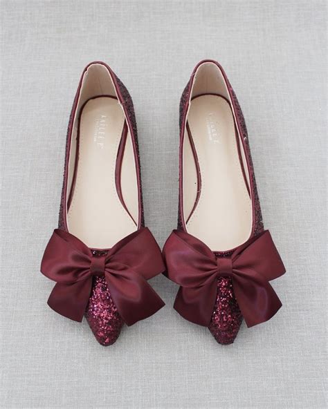 Burgundy Rock Glitter Pointy Toe Flats With Oversized Satin Bow
