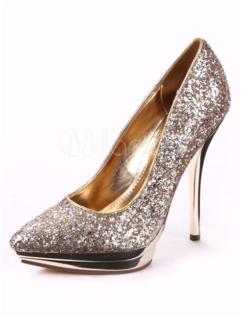 Gold High Heels Platform Glitter Sequin Pointed Slip On Pumps For Women