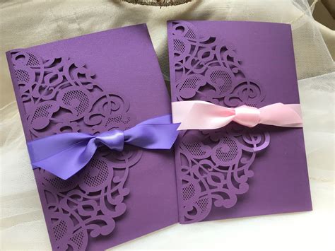 Whether simple or intricate, laser cutting is sure to wow any guest with the shapes and details you can only achieve with this method. Purple Laser Cut Pocketfold Wedding Invitations with ...