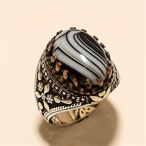 Ottoman Handmade Men S Stripted Onyx Agate Ring Sterling Silver Turkish