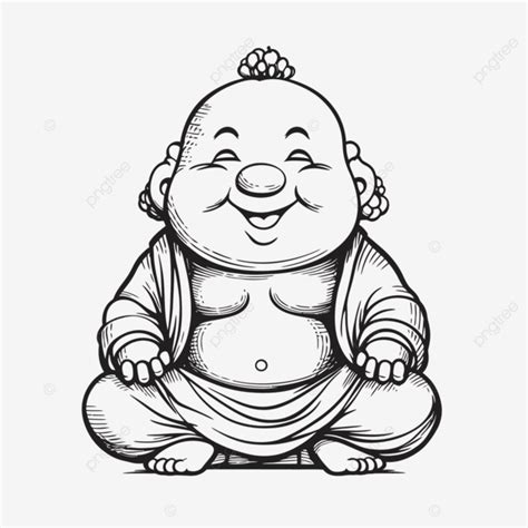 Black And White Illustration Of A Smiling Buddha Drawing Isolated
