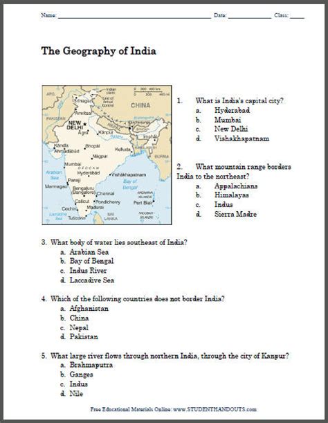 Geography Of India Printable Map Worksheet Student Handouts