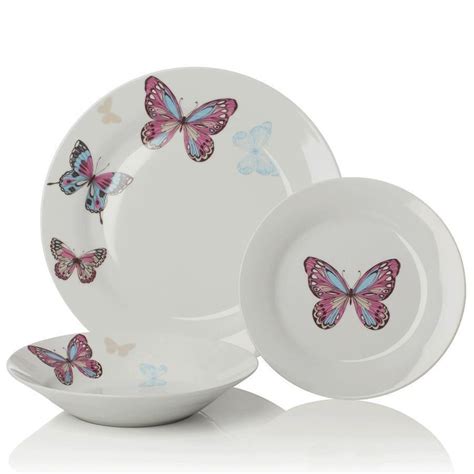 12 Piece Butterfly Porcelain Dinner Set Bright Glossy Plates Bowls