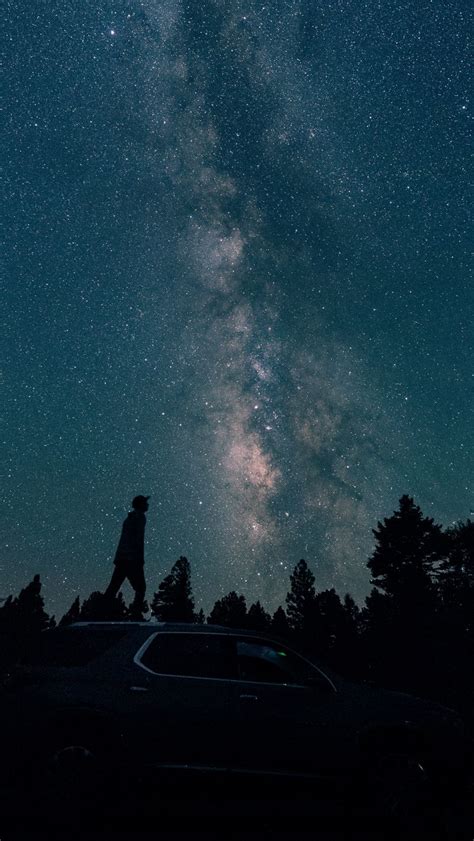 Download Wallpaper 800x1420 Starry Sky Silhouette Milky Way Car