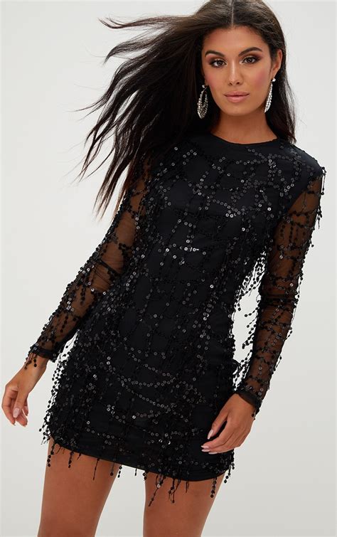 Black Sequin Detail Long Sleeve Mini Dress Dresslover Uk