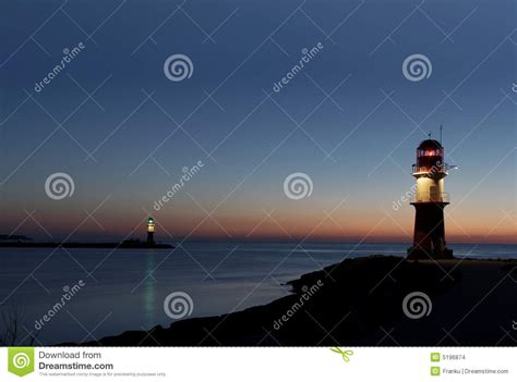 Two Lighthouses After Sunset Stock Photo Image Of Light Seaside 5196874