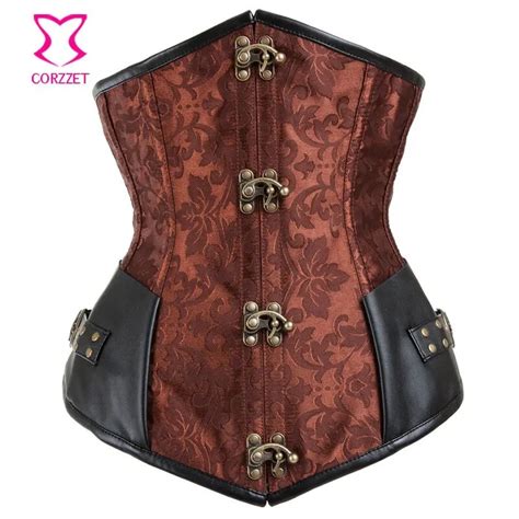 Brownblack Brocade Andfaux Leather Bustier Corsetto Gothic Waist Slimming Corsets Steel Boned
