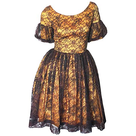 Gorgeous 1950s Black Gold Silk Lace Fit And Flare Glitter Vintage 50s