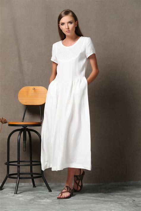 White Linen Dress Semi Fitted Summer Fashion Casual By Yl1dress