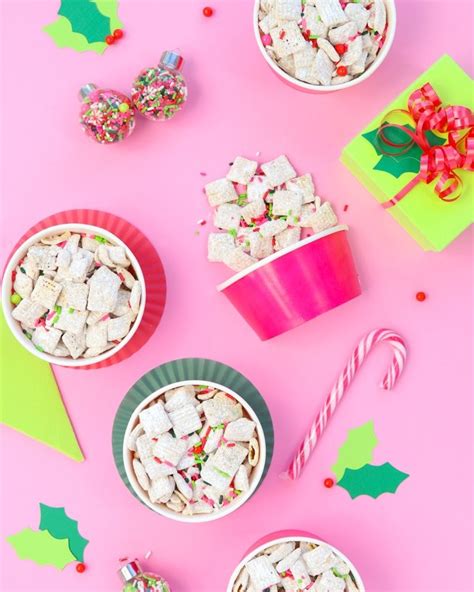 I think it's the mixture of peanut butter and chocolate combined in a crunchy cereal kind of crunchy treat that. White Chocolate Sprinkled Puppy Chow - Christmas Muddy Buddies