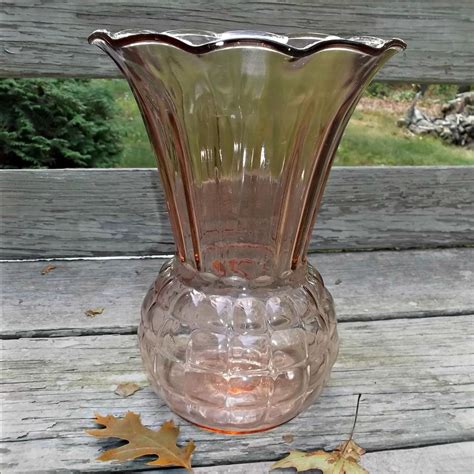 A Beautiful Vintage Anchor Hocking Glass Pink Pineapple Vase With Ruffled Edge Offered By