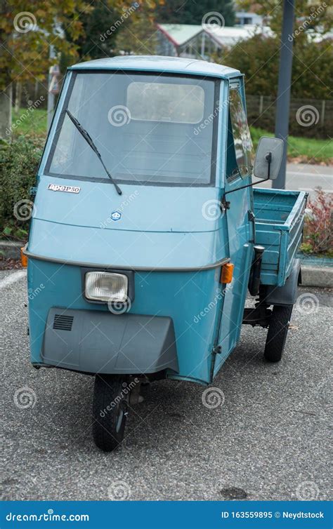 Front View Of Blue Vintage Piaggio Tricycle Parked In The Street Editorial Image Image Of