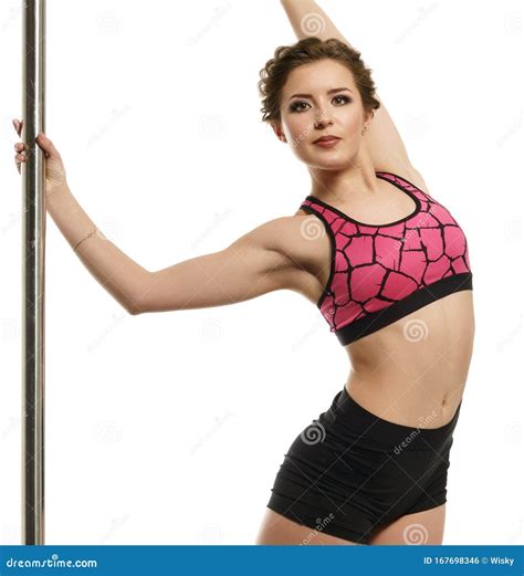 Dance Graceful Brunette Posing With Pole Stock Photo Image Of Acrobat Dancer