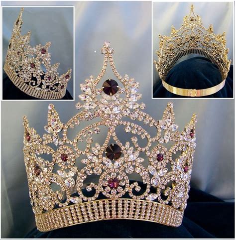 Continental Adjustable Contoured Gold Amethyst Rhinestone Crown Pageant