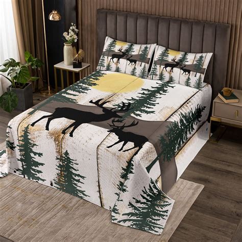 Elk Deer Quilt Set Lodge Cabin Backdrop Queen Bedspread Set For Girls