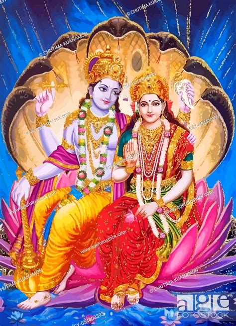 Lord Vishnu Lady Lakshmi Lotus Flower Prosperity Hinduism Mythology
