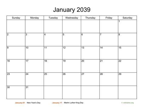 Monthly Basic Calendar For 2039