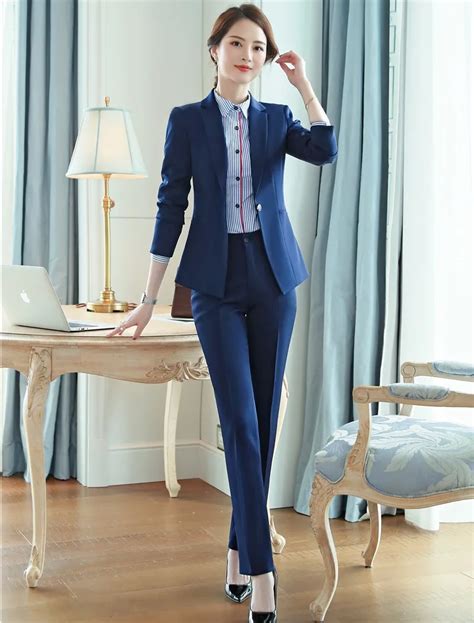 Formal Ladies Navy Blue Blazer Women Business Suits With Pant And