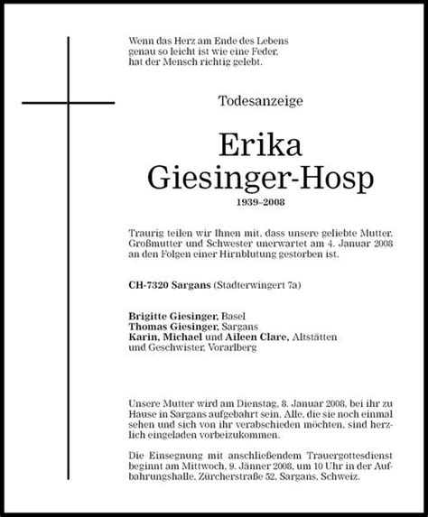 Todesanzeigen Von Erika Giesinger Hosp Todesanzeigen Vorarlberger My