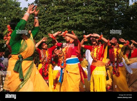 Indian Bengali Women Dancing On Holi Spring Festival Shanti Niketan