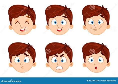 Face Expressions Of Cute Boy Set Of Six Emotions Stock Vector