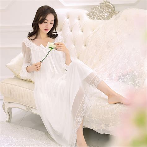 Buy 2018 Spring Summer Brand Nightgown Women White Lace Long Dress Ladies