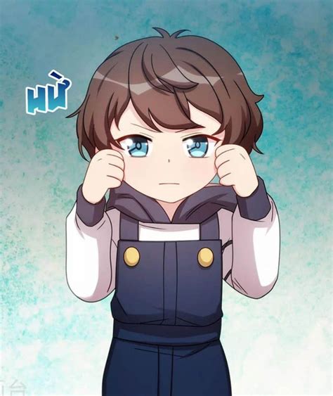 An Anime Character With Blue Eyes Wearing Overalls And Holding His
