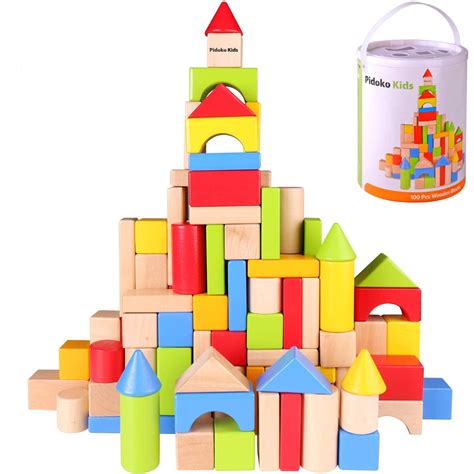 Pidoko Kids Wooden Building Blocks Set 100 Pcs Includes Carrying