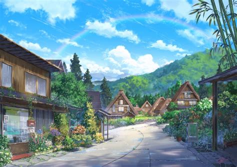 Download 640x960 Anime Landscape Houses Scenic Clouds